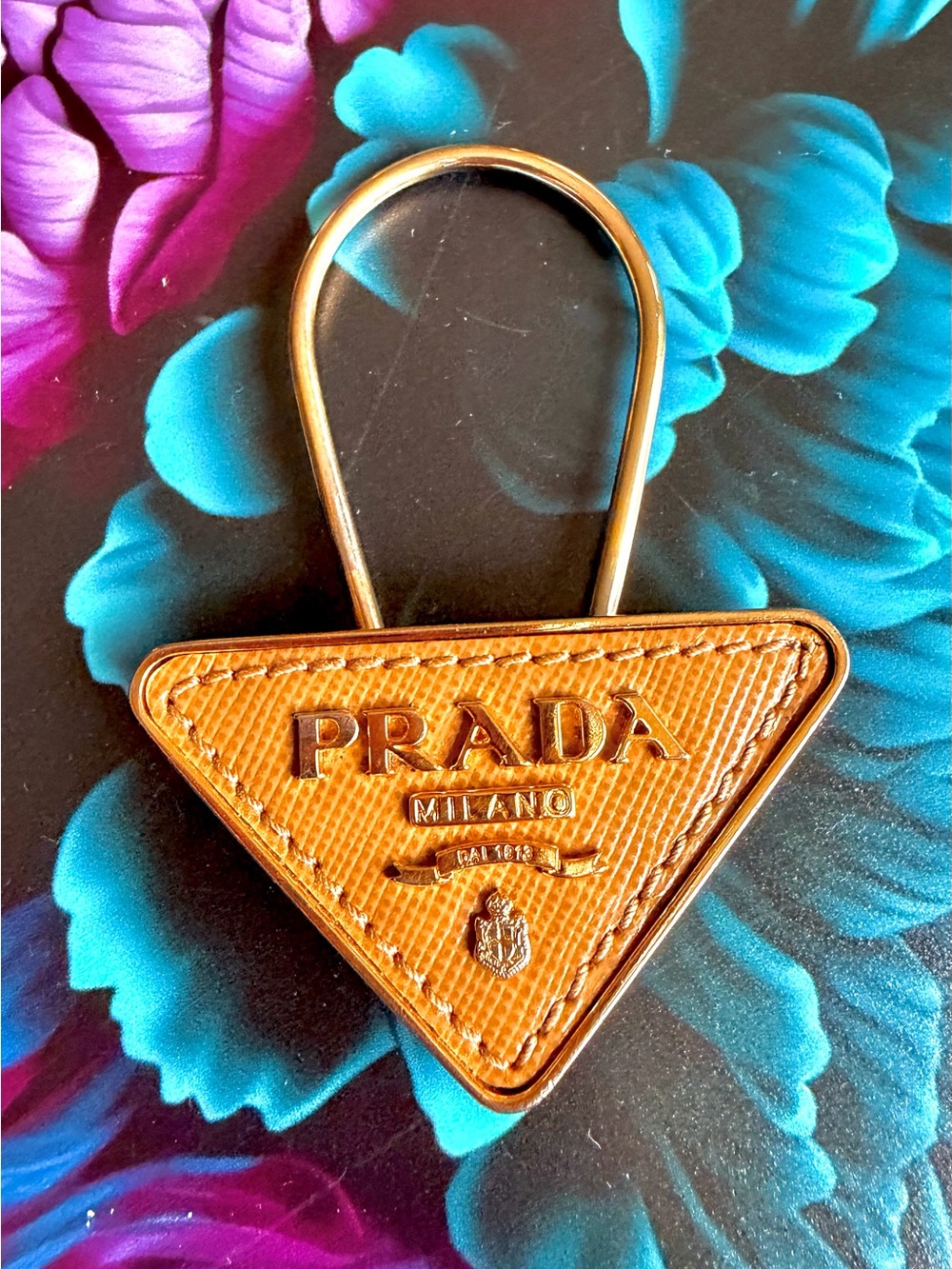 Prada Brown Saffiano Triangle Key Charm with Gold Ring